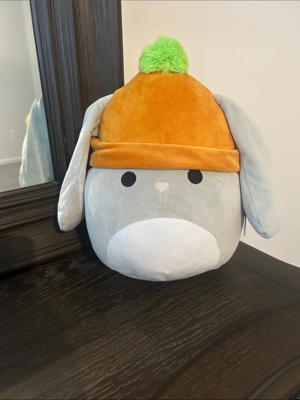 Valentina SQUISHMALLOWS Gray Bunny Plush with Orange Beanie and Lime Pom Pom